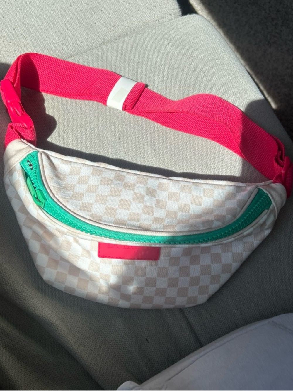 Benefit Cream Checkered Cosmetic Pouch with Pink Logo Patch and Green Zipper